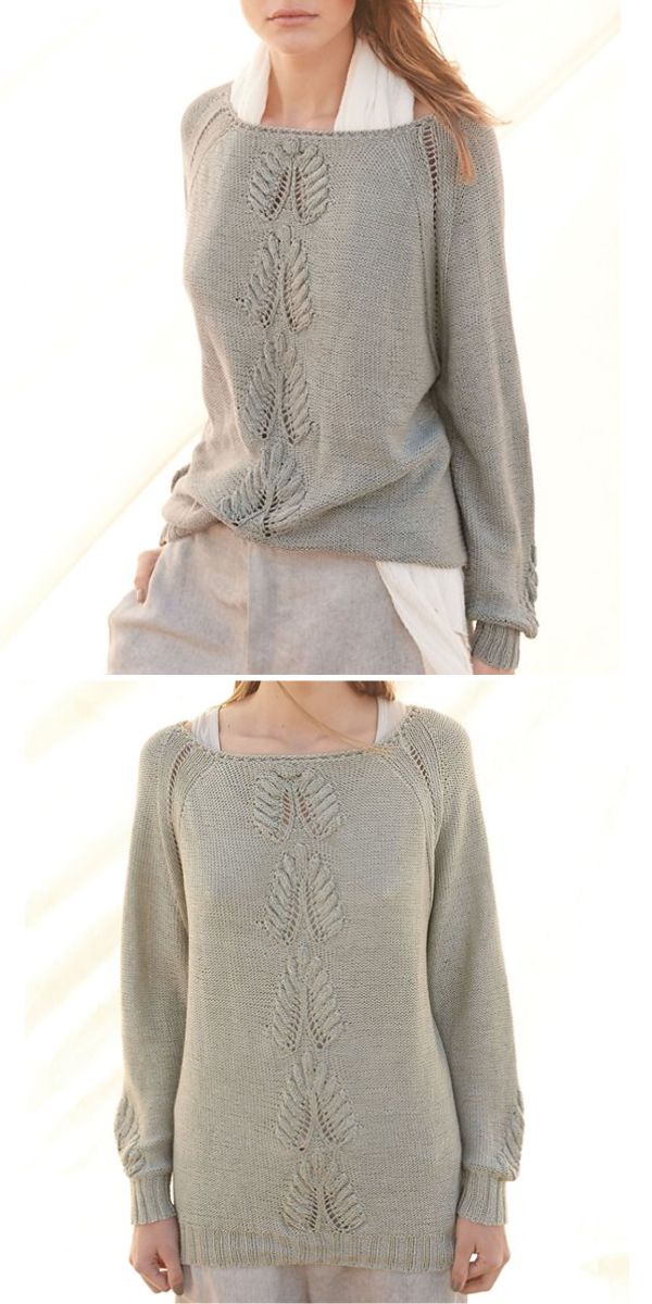 a woman wearing a knit sweater with an intricate leaf design