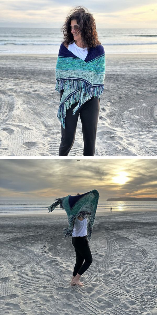 a woman wearing a knitted shawl in blue with tassels