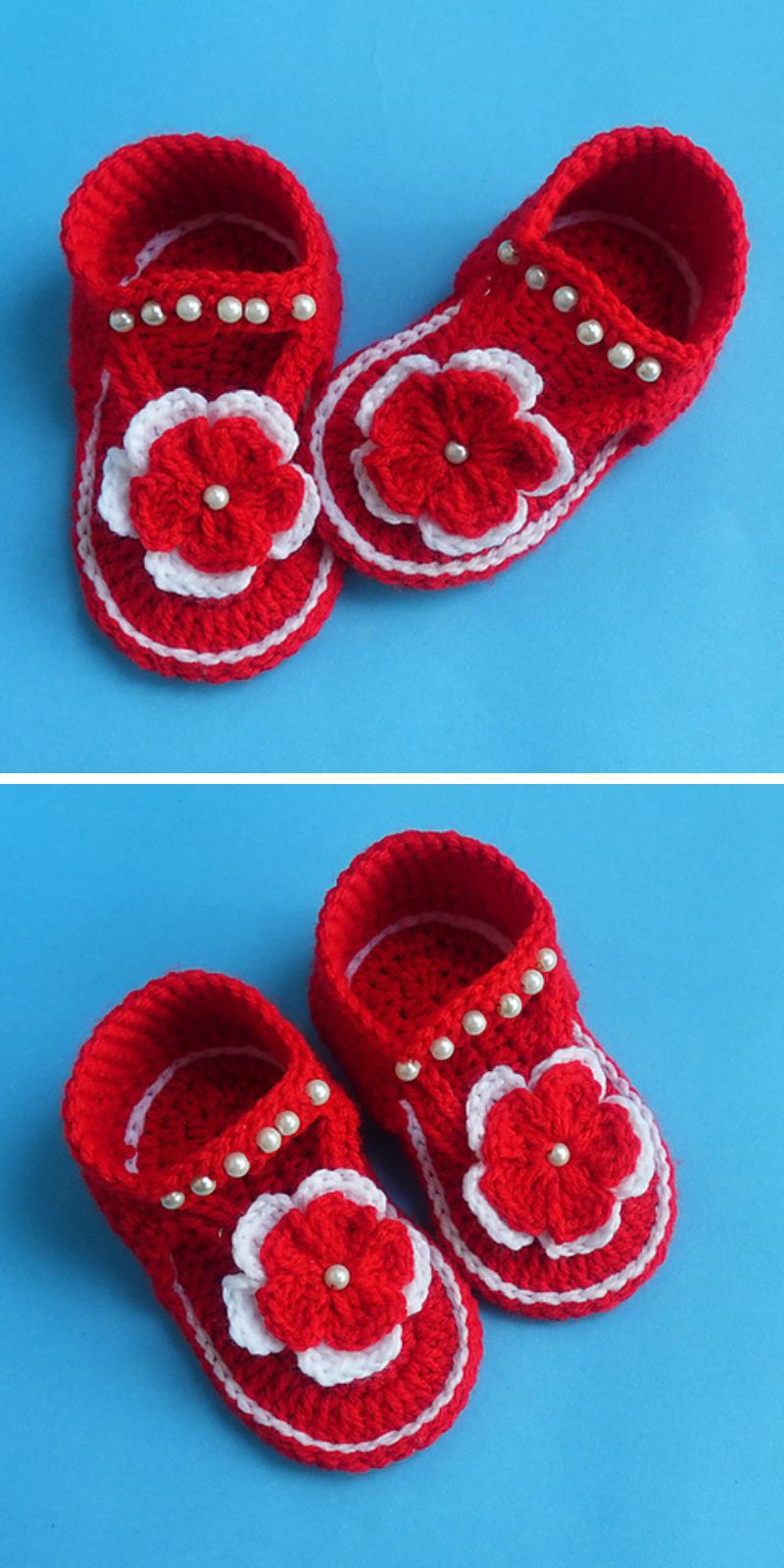 a pair of red crochet baby sandals with flower and beads embelishments