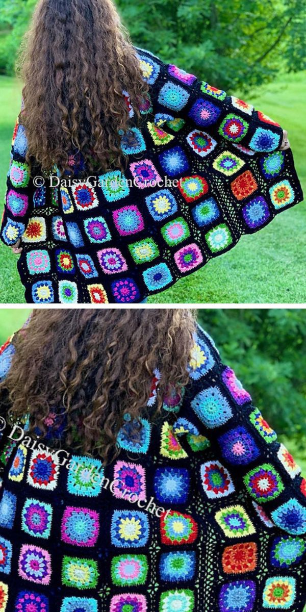 a woman wearing a crochet cardigan made of colorful granny squares