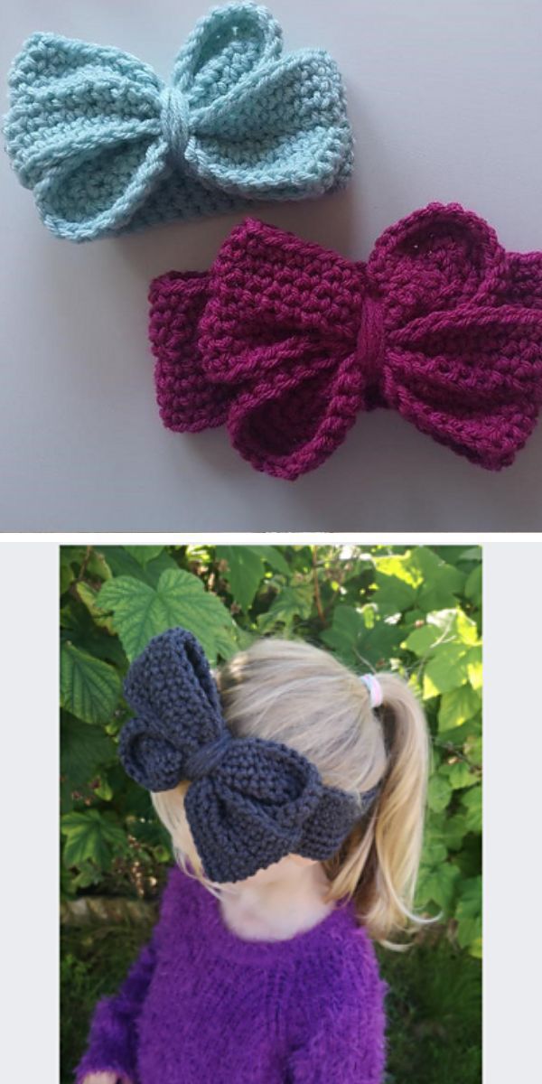 two crocheted bow headbands in blue and purple