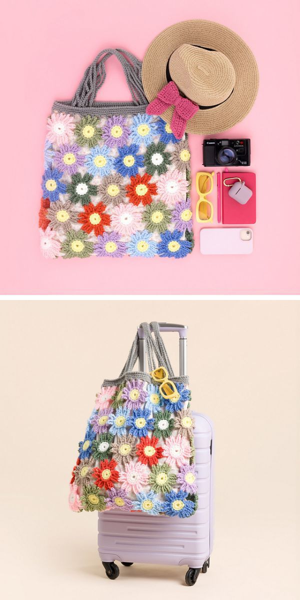 a crochet tote bag made of crocheted flowers in different colors