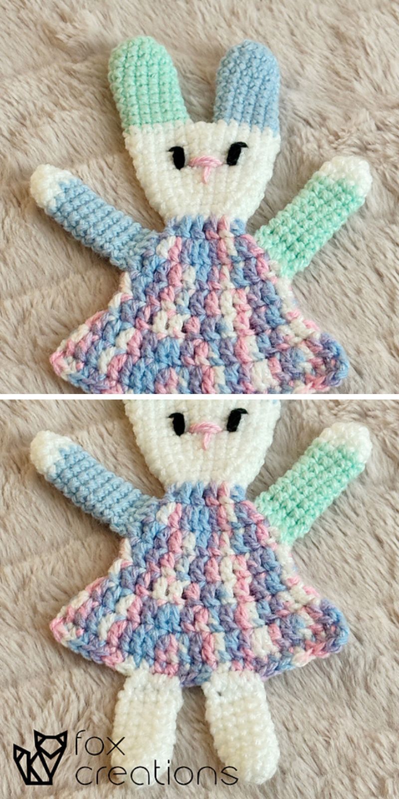 a crocheted flat ragdoll bunny