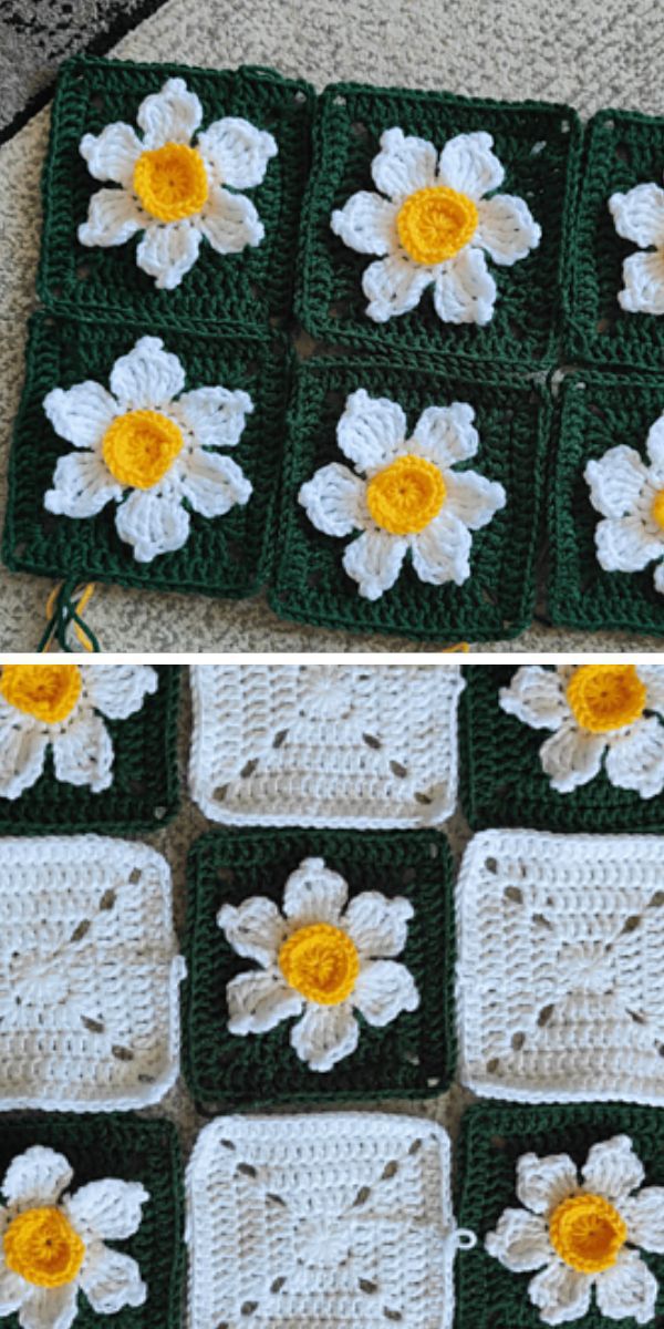 green crochet squares with white and yellow flowers