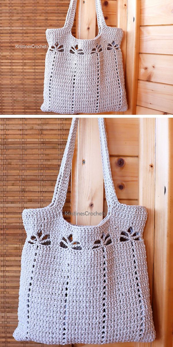 a simple crochet tote bag in a light grey color