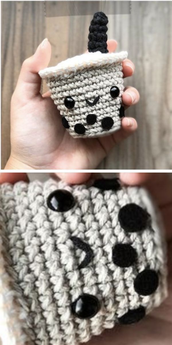 a crochet cup with dots and a smiley face