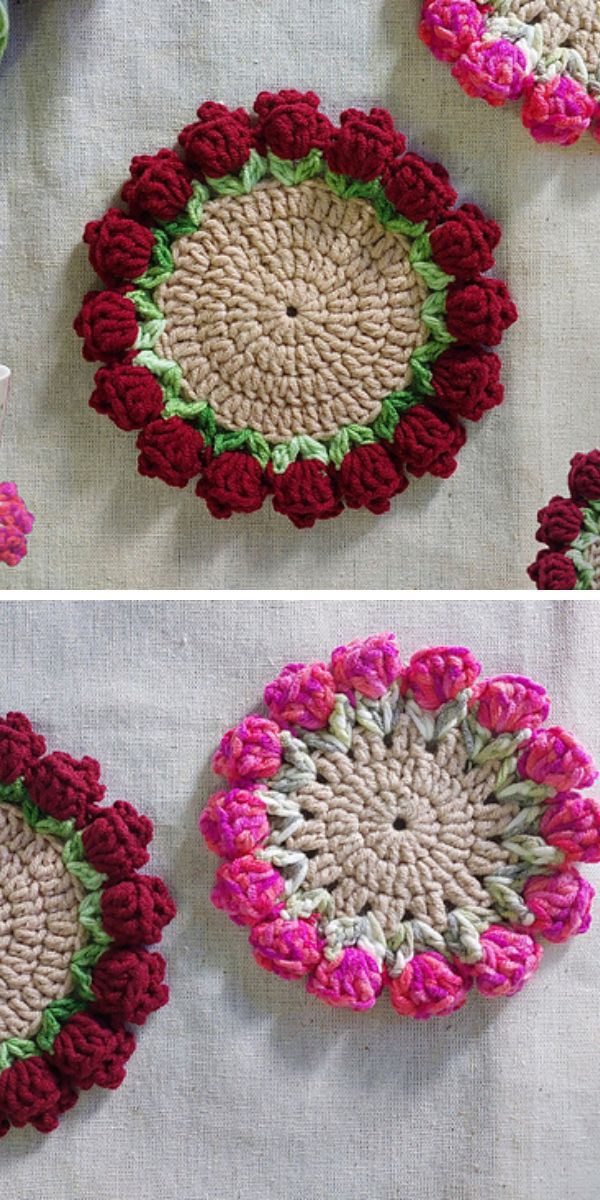 a crocheted coaster with little tulip flowers