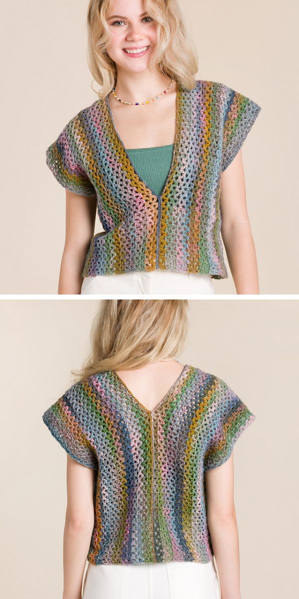 a woman wearing a crochet summer vest with a deep V neckline