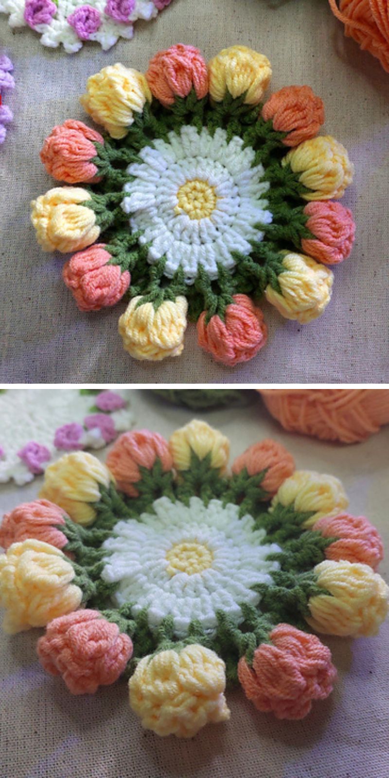 a crochet flower coaster with tulip and daisy textured motifs