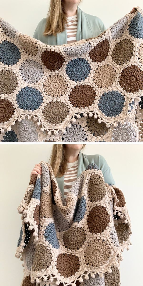 a crochet hexagon blanket in soft colors