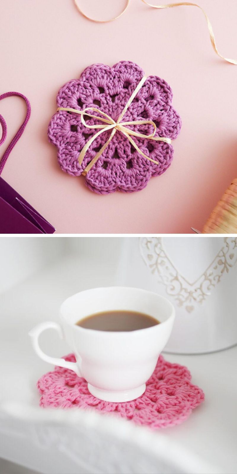a crochet flower coaster in purple