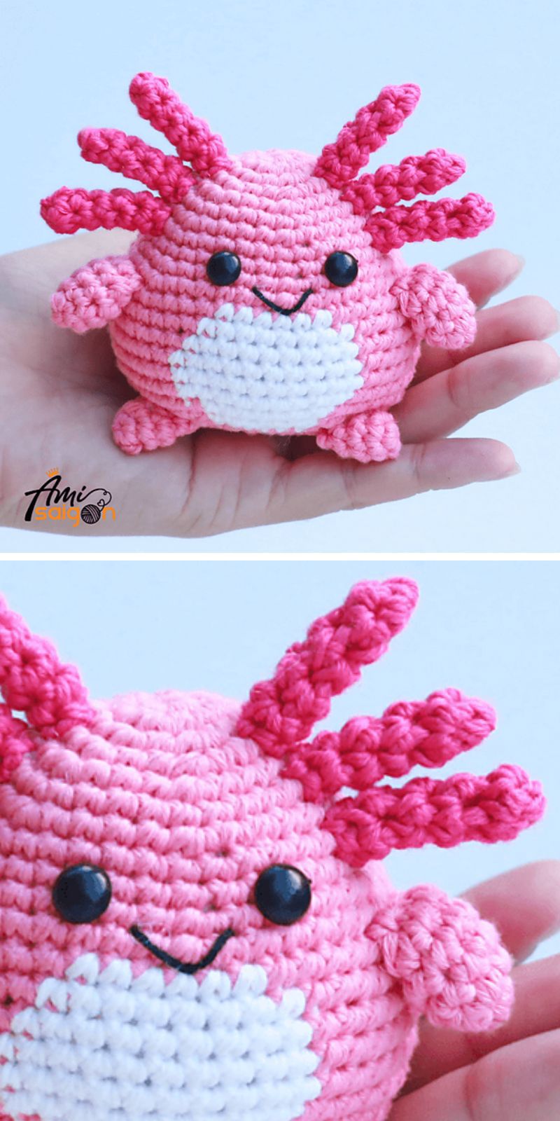 a pink crochet axolotl amigurumi