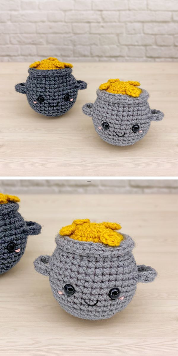 two crochet pots of gold amigurumi