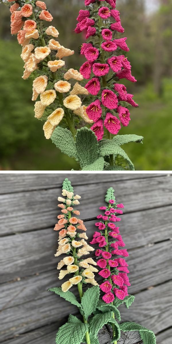 two crochet Foxglove flowers in pink and yellow
