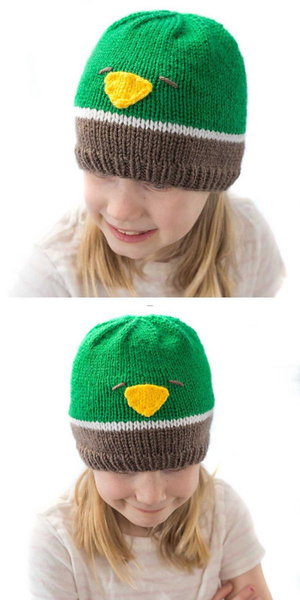 a girl wearing a knitted beanie with a mallard duck design