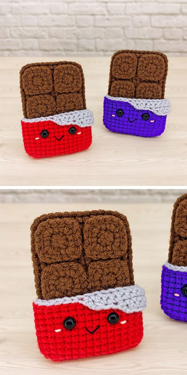 two crochet chocolate bar amigurumi with smiley faces