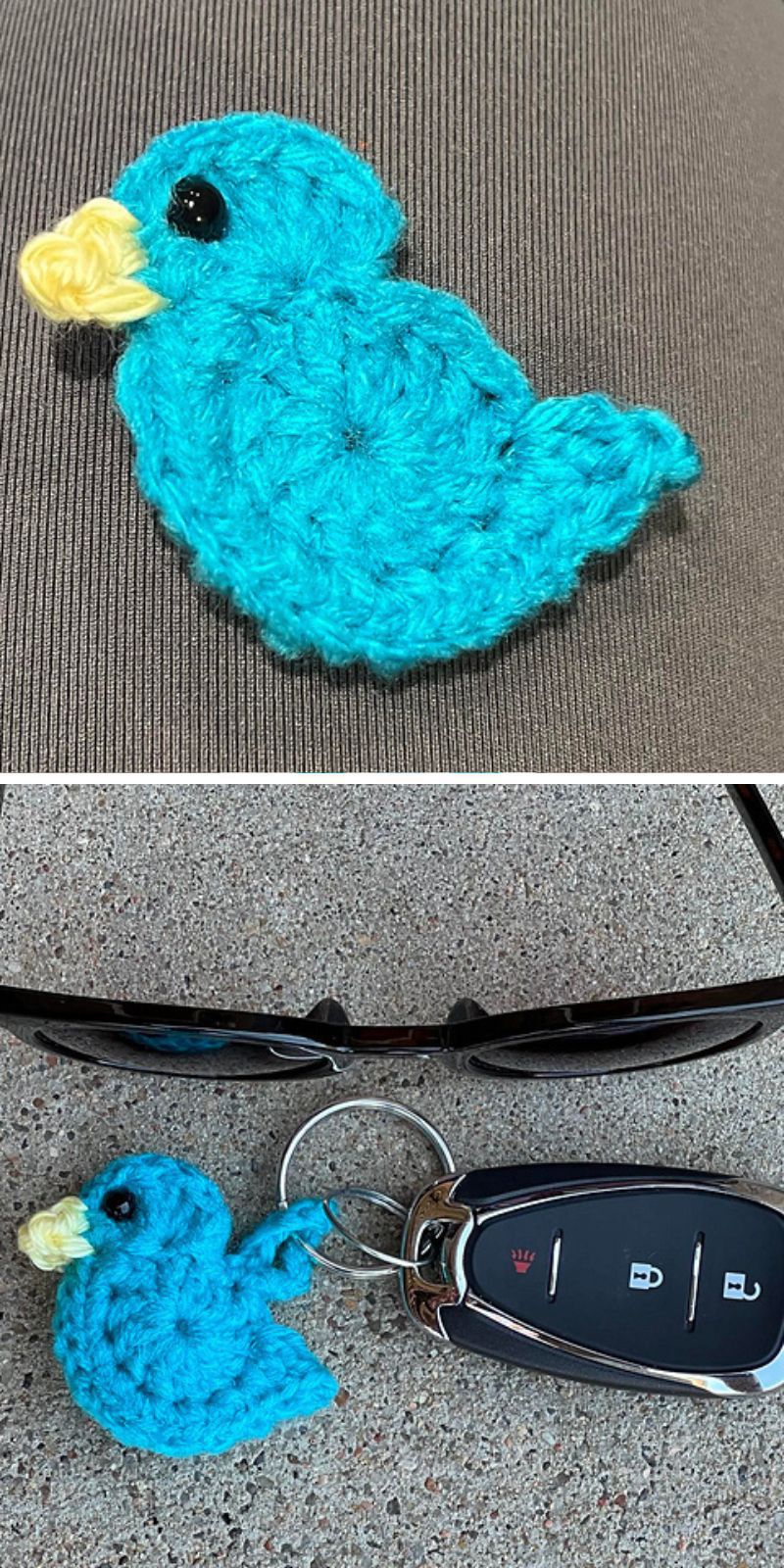 a small crochet bird applique in blue