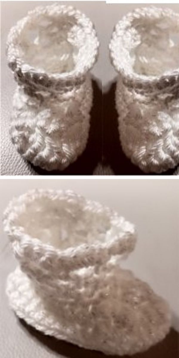 a pair of crochet baby booties in a light color