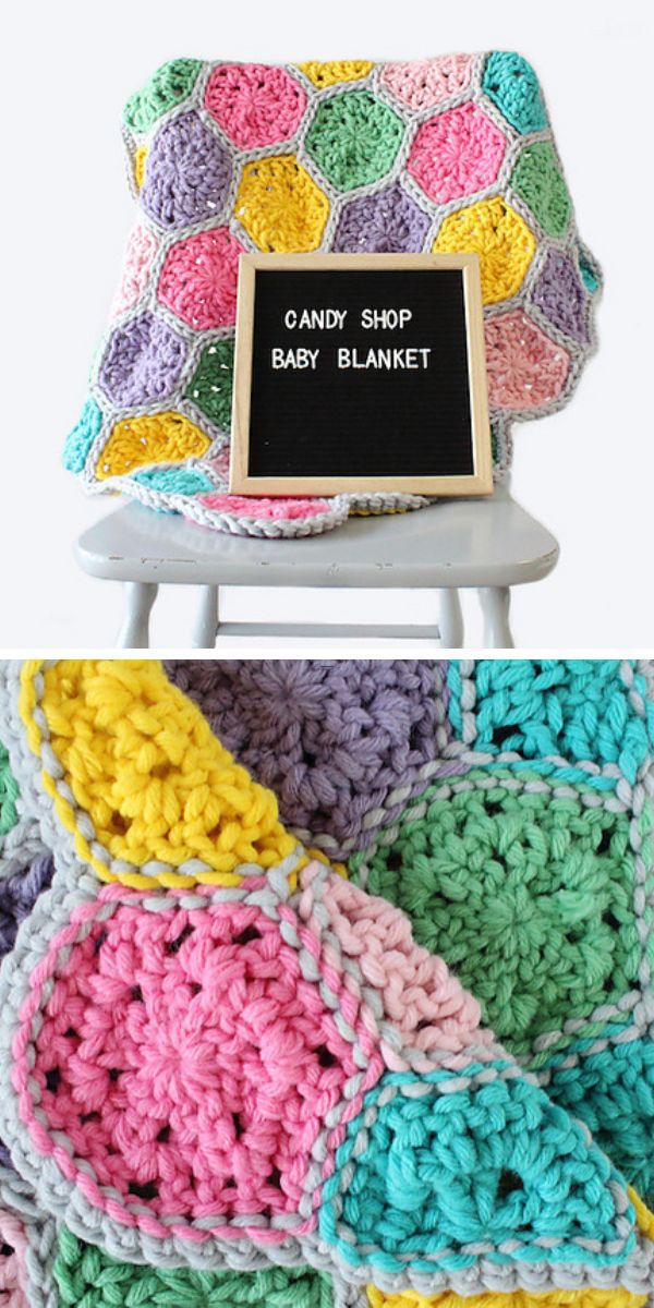 a blanket made of crochet hexagons in vibrant colors
