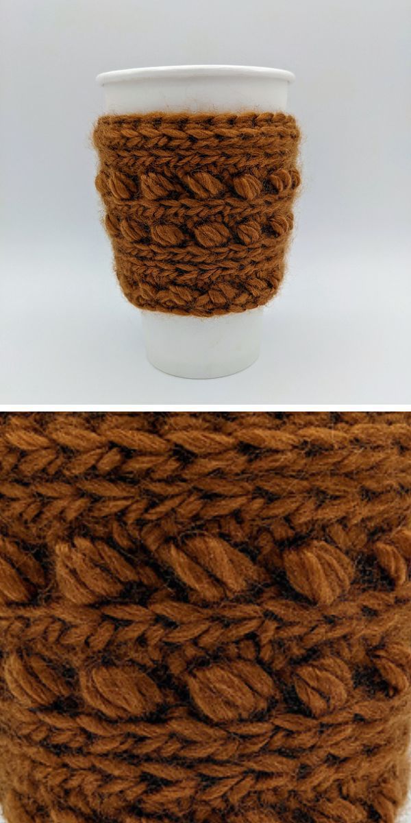 a crocheted cup cozy in a brown color