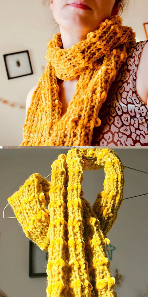a woman wearing a yellow knit scarf