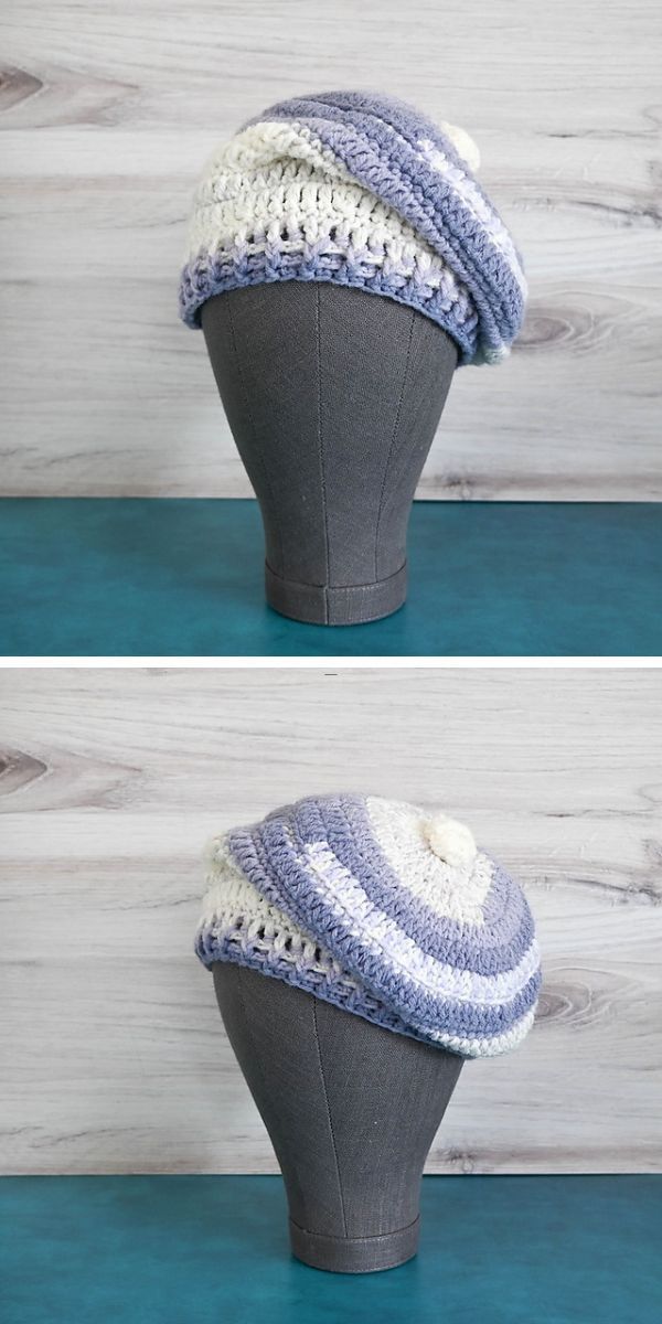 a crochet beret in white and blue on a mannequin