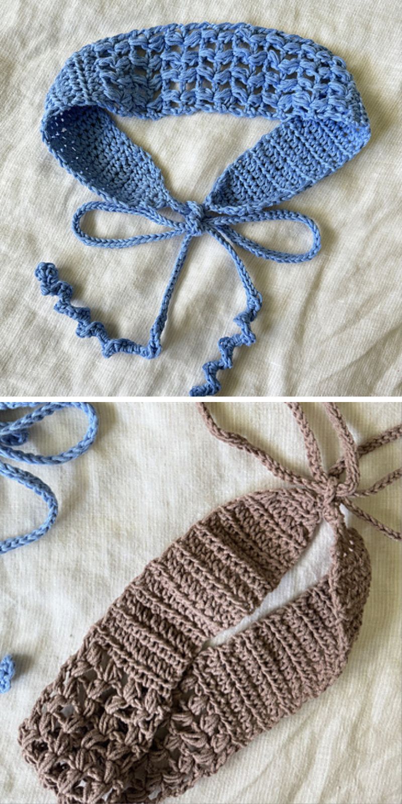tied crochet headbands in blue and brown