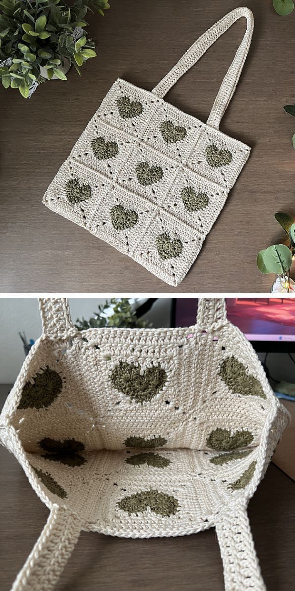 a white crochet tote bag made of granny squares with a heart motifs