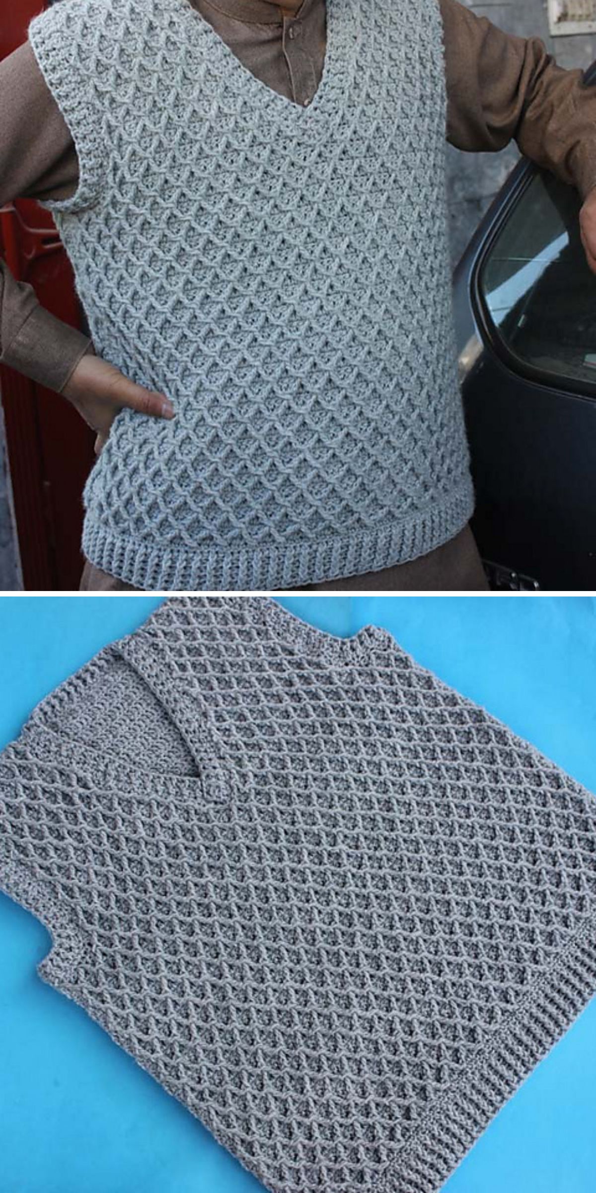 Two images showing a gray crochet vest with a textured pattern. The first image highlights the vest worn, while the second displays it laid flat on a blue background.