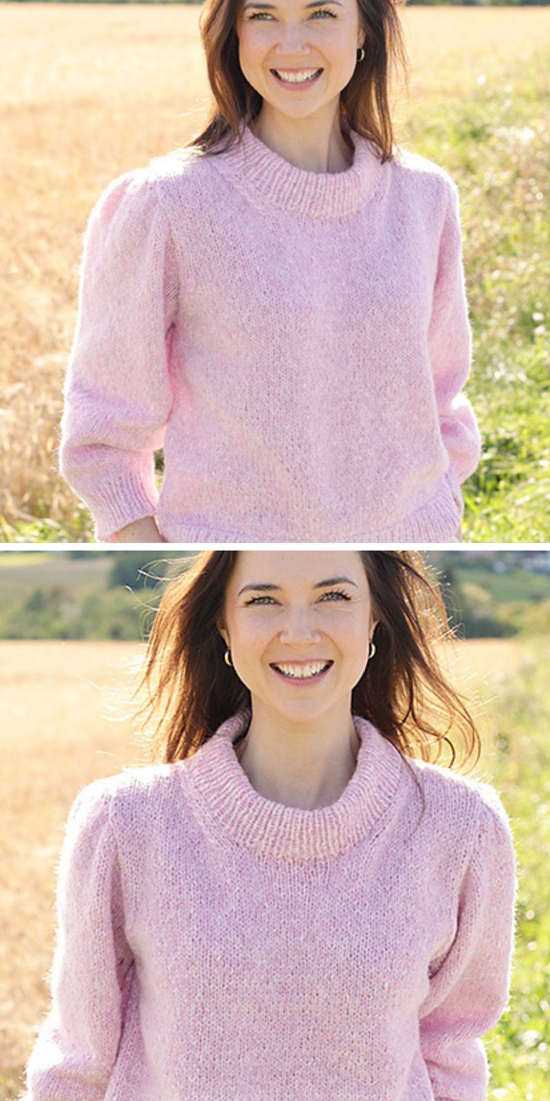 a woman wearing a violet pink knitted sweater
