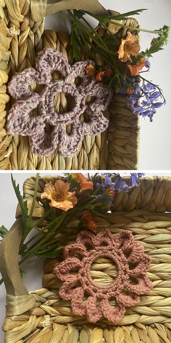 two crochet scrunchies shaped like a flower