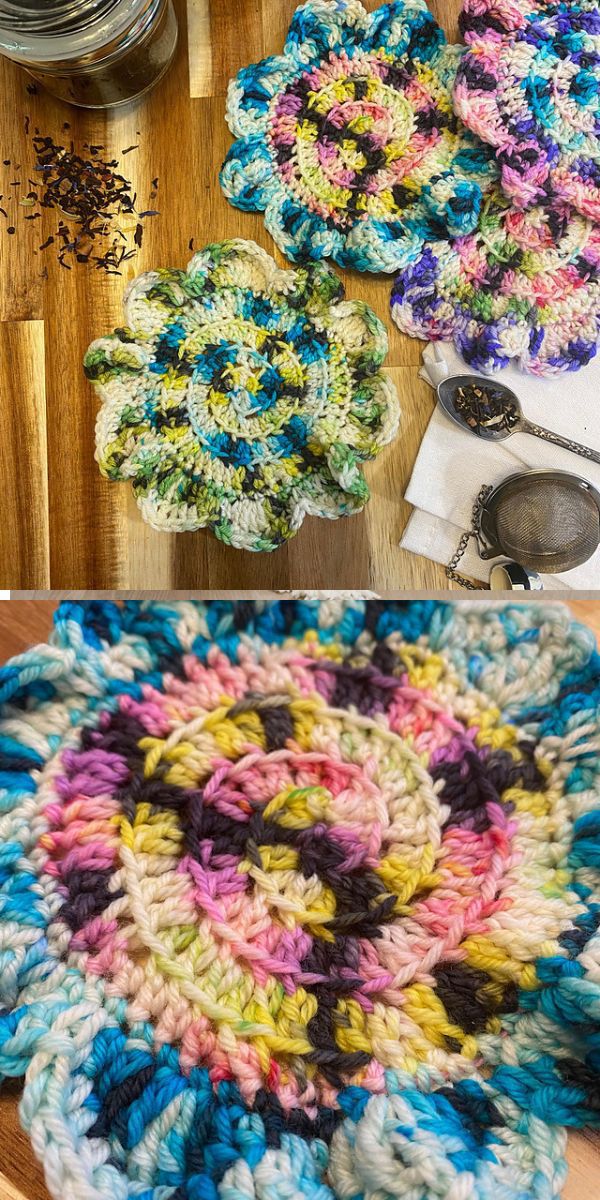 a multicolored crochet flower coasters