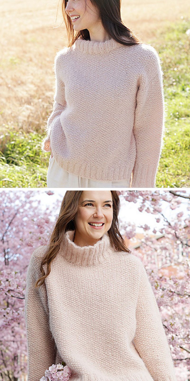 a woman wearing a knit sweater in a light color