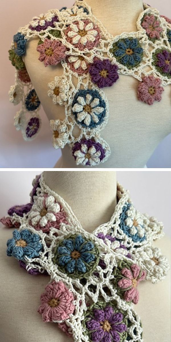 a crochet shawl adorned with crochet flowers