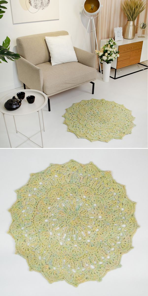 a crochet mandala rug shaped like a flower