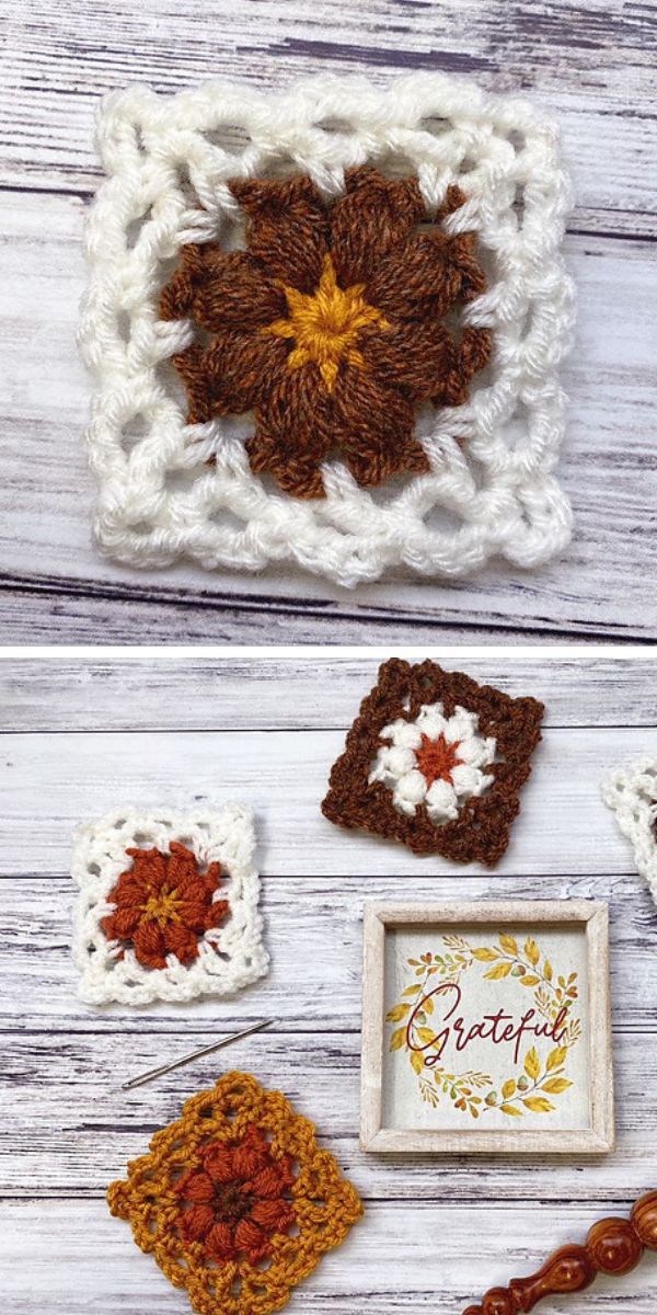Crochet squares, with different patterns and colors, laid out on a wooden surface.