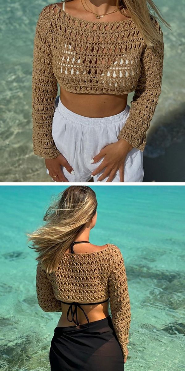 a woman wearing a mesh crochet crop top in a neutral color