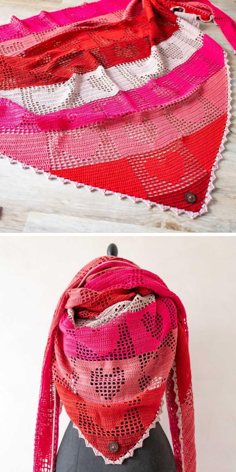 a red crochet shawl with heart motifs 