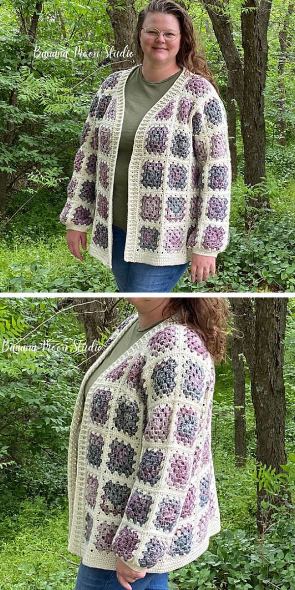 a woman wearing a square-based crochet cardigan