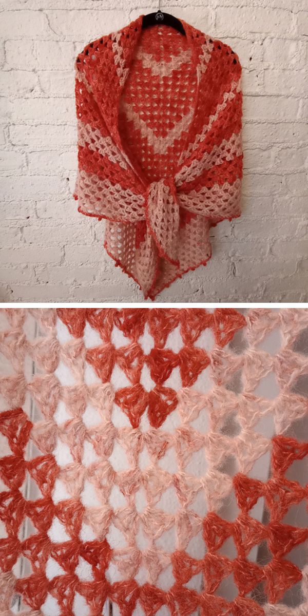 a mesh crocheted shawl in red