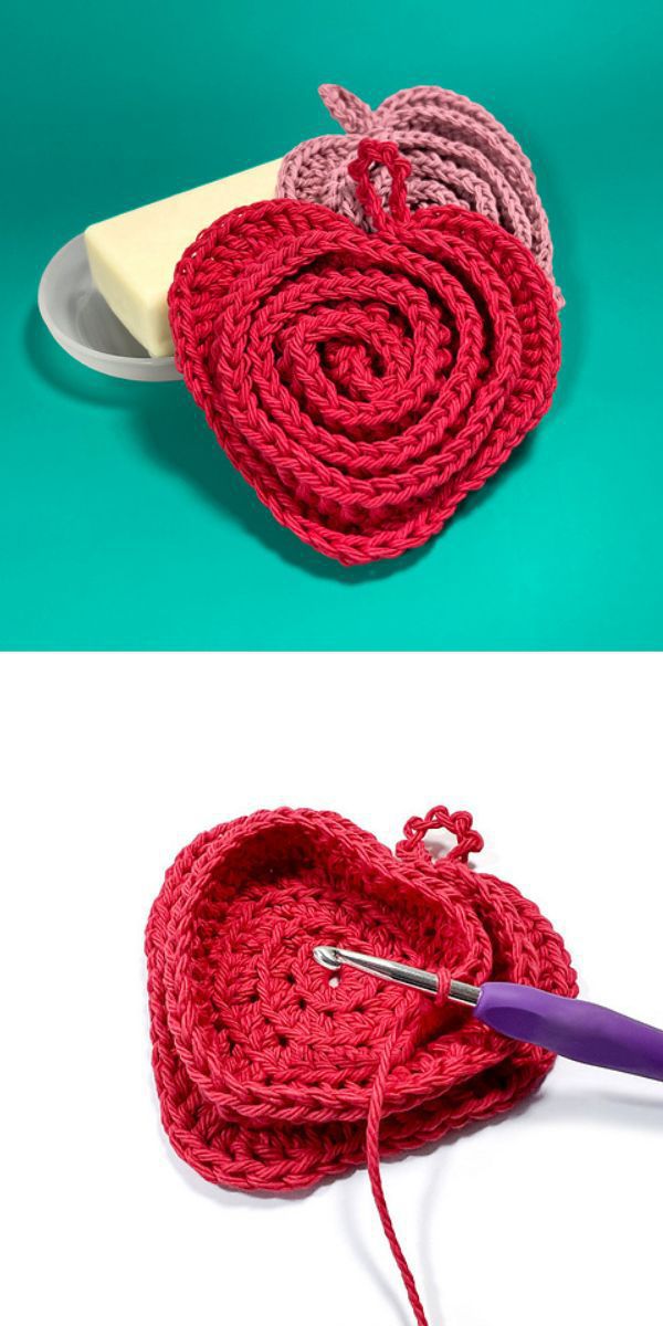 a heart crochet scrubbie with a spiral design