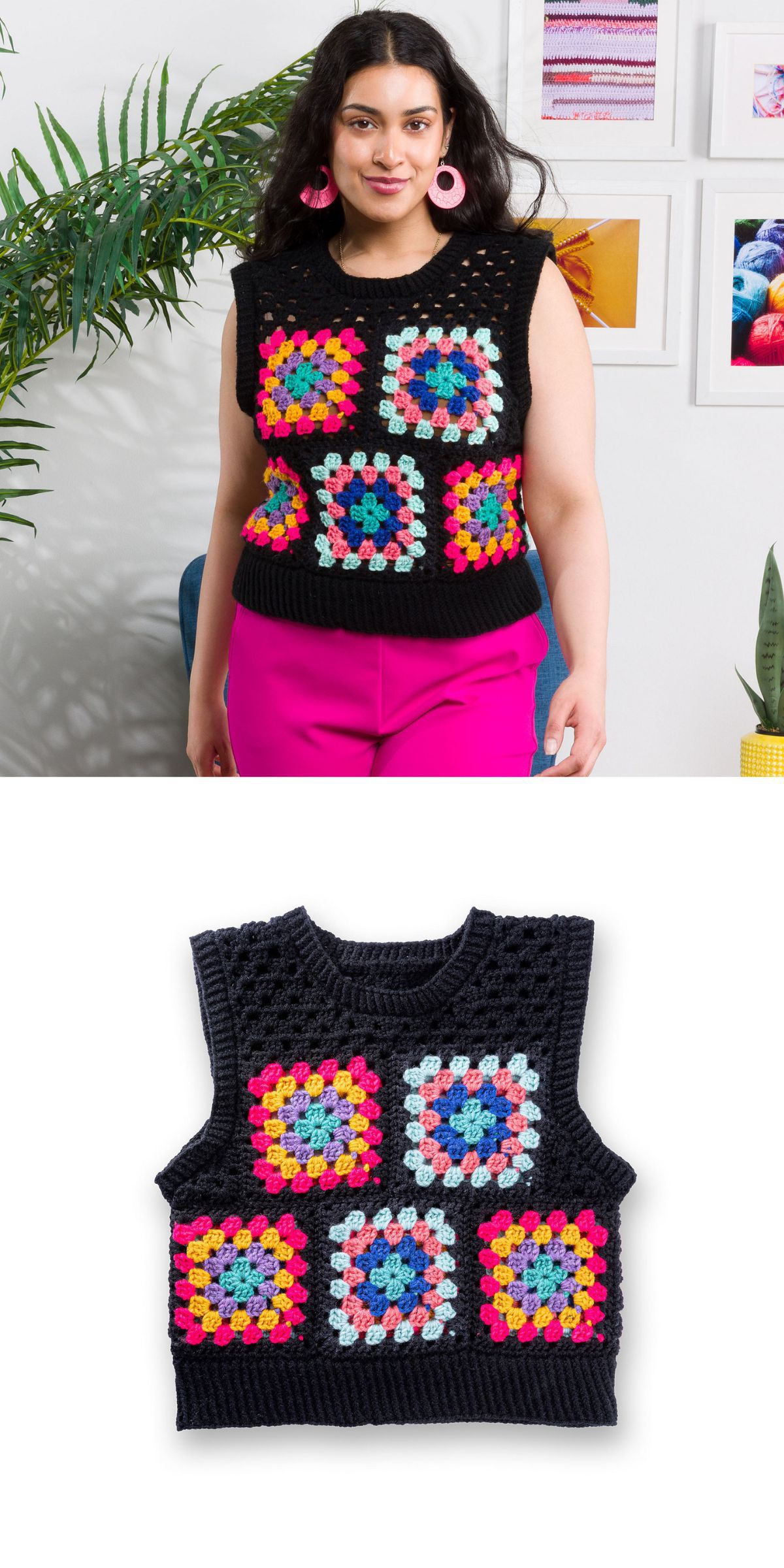 Woman showcasing a sleeveless crochet black vest with vibrant square patterns.