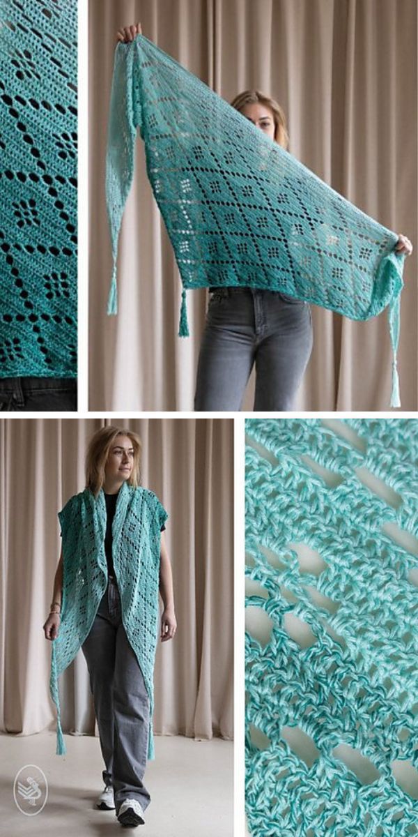 a blue crochet shawl with a lace stitchwork