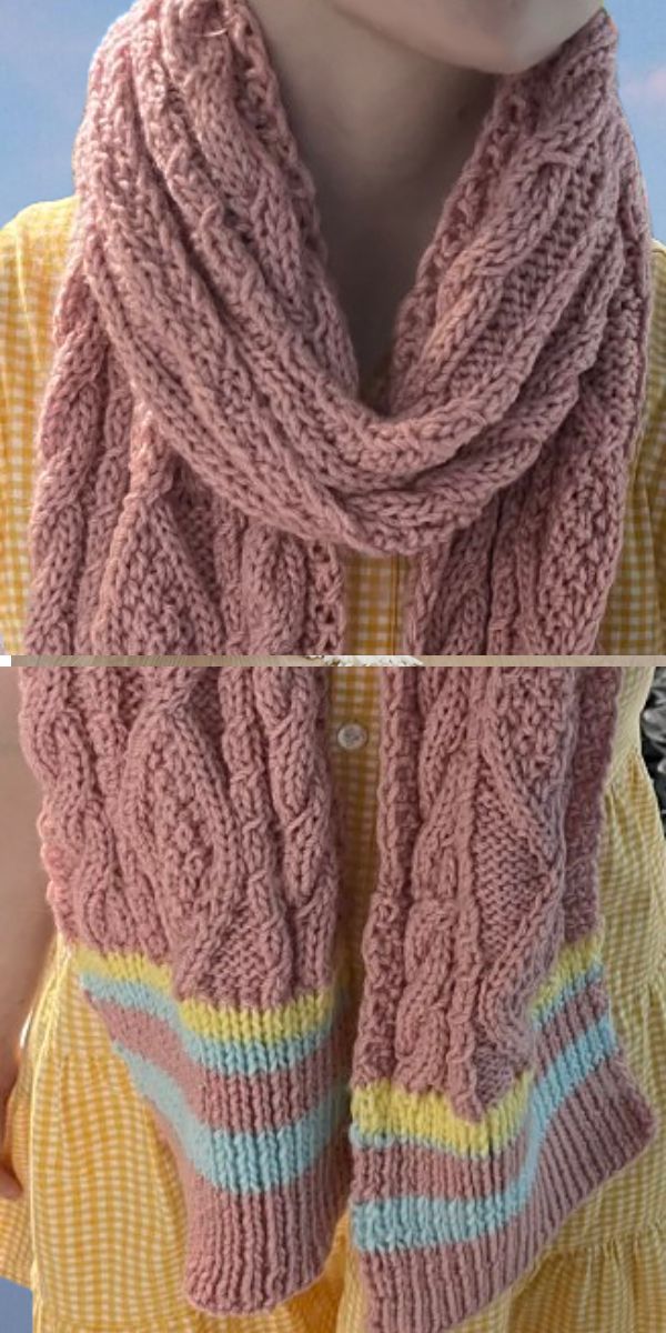 a pink knitted scarf with a cable design
