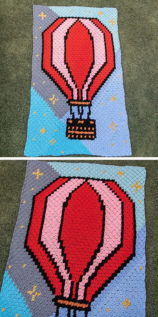 crochet blanket with a graphic air baloon design