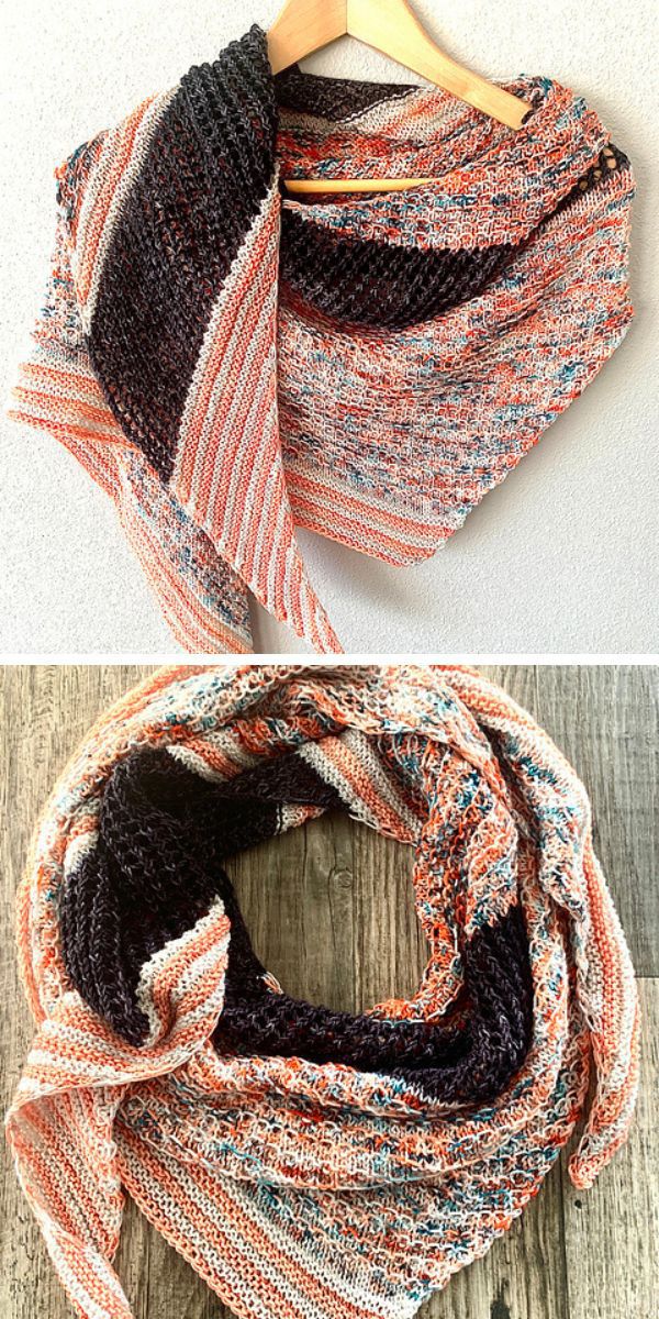 a knitted triangle shawl in multiple colors
