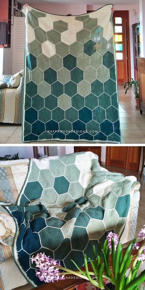 a blanket made of crochet hexagons in green colors