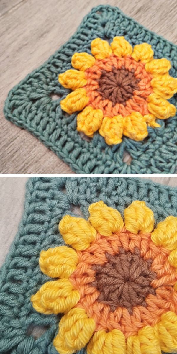 a crochet granny square with a sunflower design