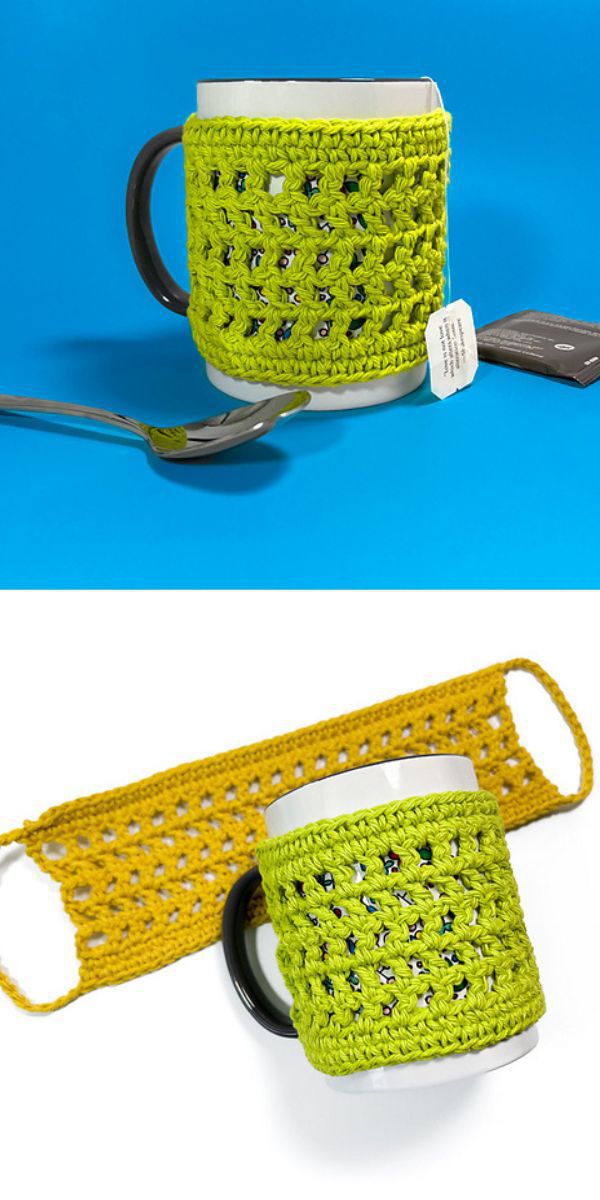 a green crochet mug cozy with an openwork texture