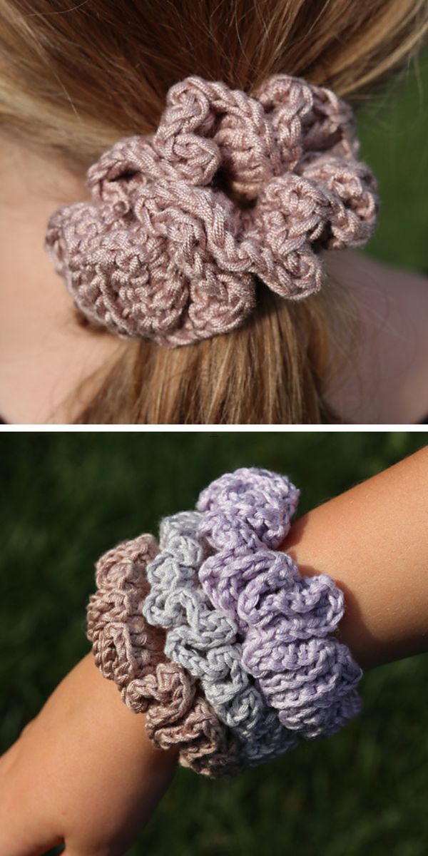 simple crochet scrunchies in shiny colors
